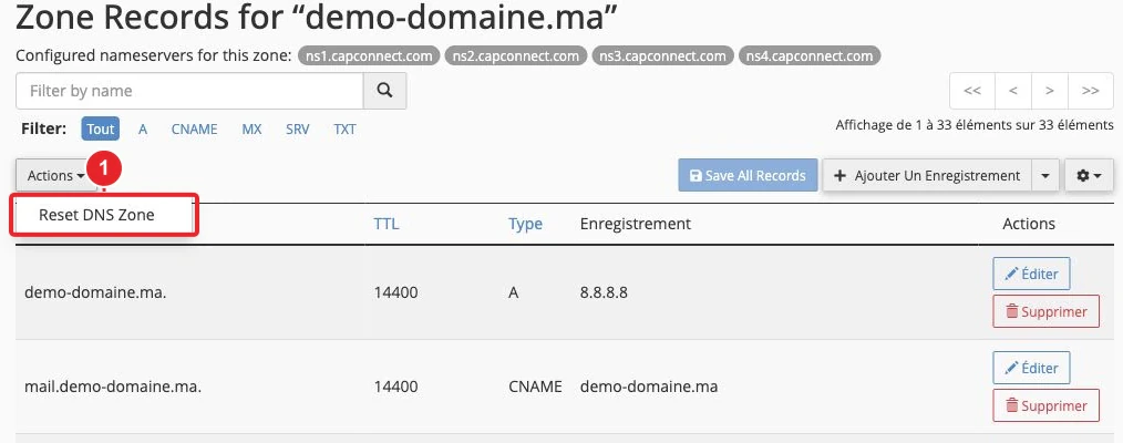 Option Reset DNS Zone dans le menu Actions de l’éditeur DNS cPanel — aucune réinitialisation effectuée