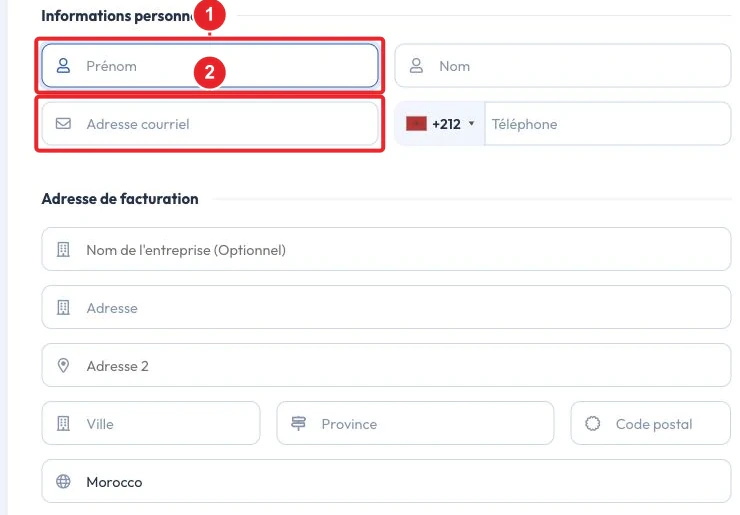 Formulaire d’inscription et coordonnées du nouveau compte client — Coordonnées et adresse de facturation