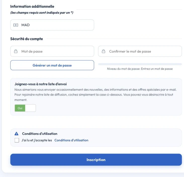 Formulaire d’inscription et coordonnées du nouveau compte client — Sécurité, conditions et inscription