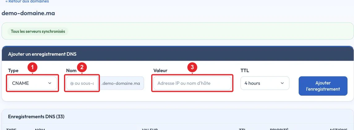Choisir CNAME, puis renseigner le nom et la cible de l’enregistrement DNS