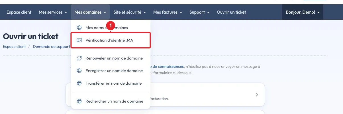 Ouvrir Vérification d’identité .MA depuis Mes domaines