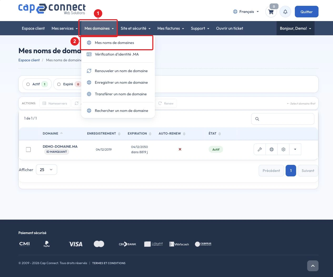 Accéder à Mes noms de domaines dans l’espace client CAP CONNECT
