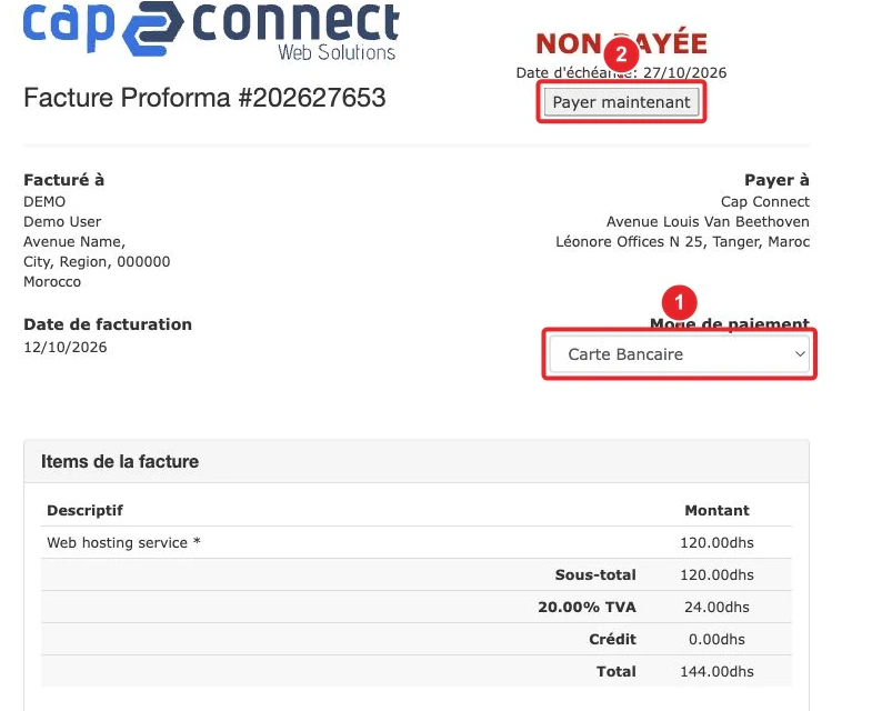 Exemple : sélection du mode Carte bancaire pour régler une facture depuis la page détail