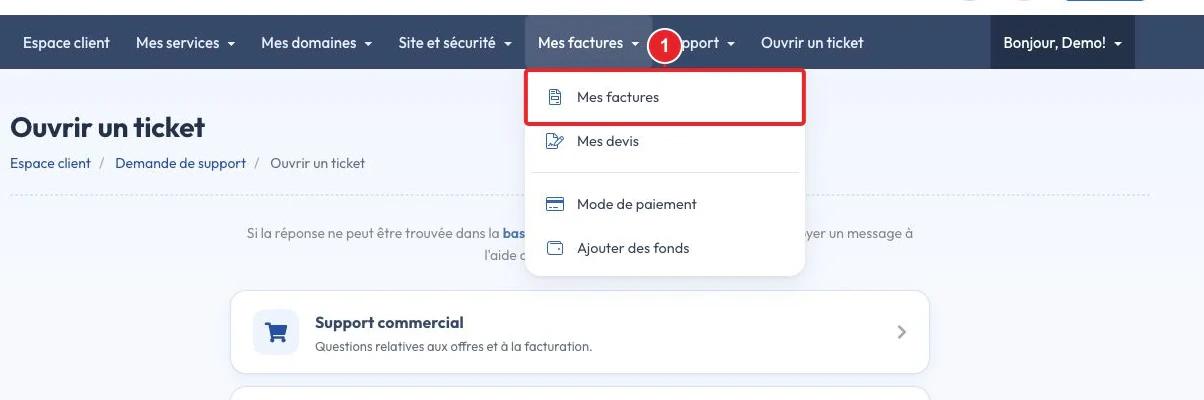Accès à la rubrique Mes factures depuis le menu de l'espace client