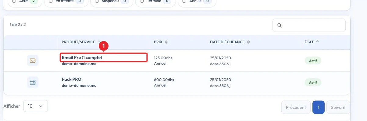 Sélectionner l’offre Email PRO dans la liste des services