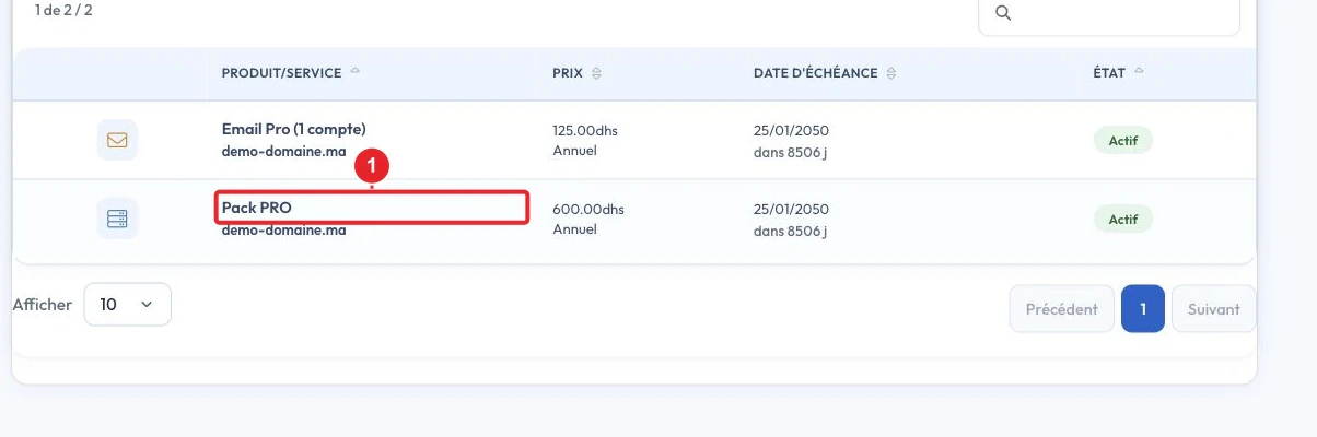 Sélectionner le pack d’hébergement dans la liste des services