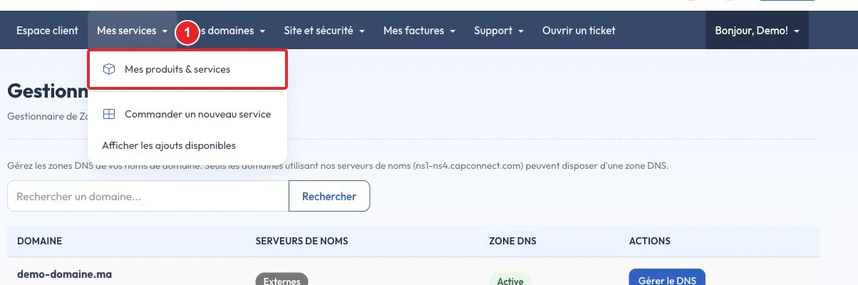 Ouvrir Mes services, puis Mes produits & services