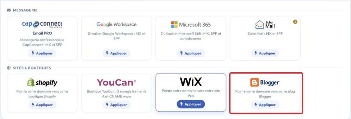 Select blogger in the quick DNS configurations