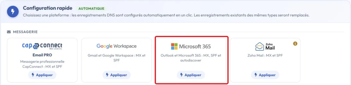 Configuration DNS rapide : sélectionner Microsoft 365