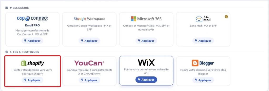 Choisir shopify dans les configurations DNS rapides de Gestion Zone DNS