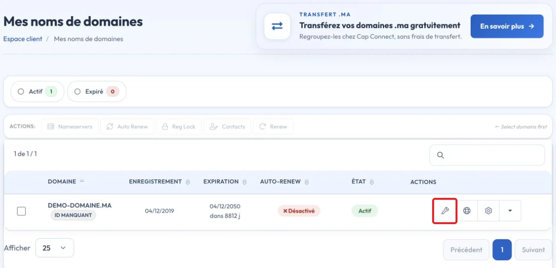 Sélectionner un domaine dans Mes noms de domaines et ouvrir sa gestion