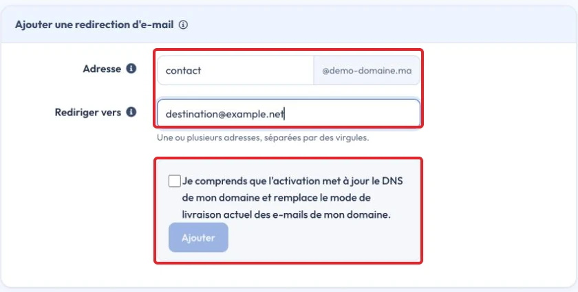 Enter an email forwarder and review the DNS-change acknowledgement — unsaved example