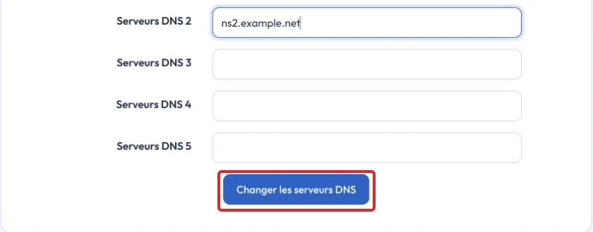 Check the remaining fields and locate Change Nameservers — unsaved example
