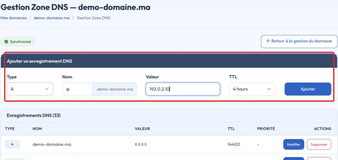 Exemple non enregistré d’ajout d’un enregistrement A dans Gestion Zone DNS