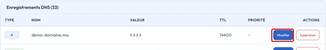Repérer Modifier dans la liste des enregistrements DNS