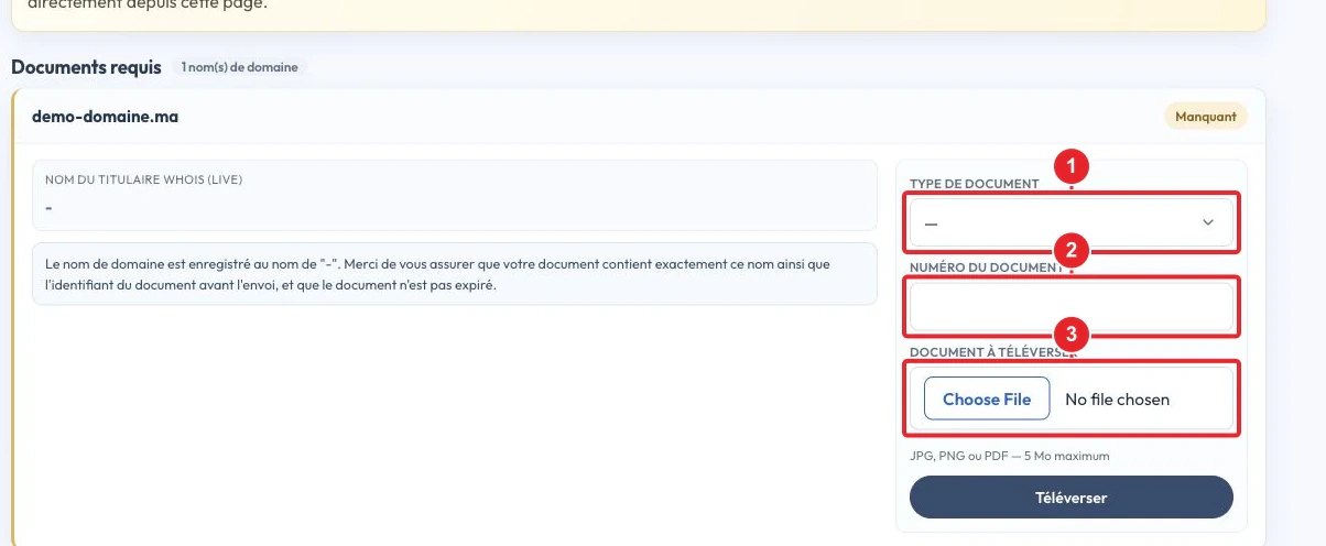 Choisir le type de document, son numéro et le fichier pour vérifier le titulaire .ma
